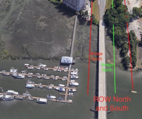 aerial image of bridge and marina with annotations